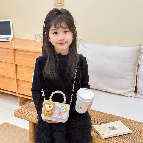 Kids Mini Crossbody Bag Artificial Pearl Handle Sweet Floral Embroidery Cartoon Monkey Handbag Cute Fashion Accessories For Girls