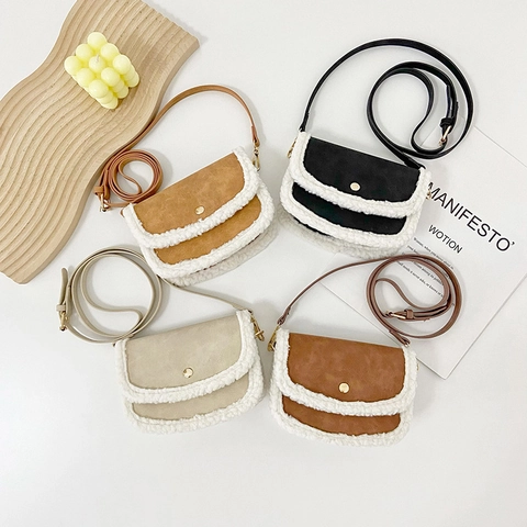 Kids Mini Crossbody Bag PU Leather With Faux Lamb Wool Trim Retro Small Square Flap Shoulder Bag For Toddlers