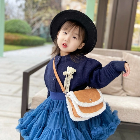 Kids Mini Crossbody Bag PU Leather With Faux Lamb Wool Trim Retro Small Square Flap Shoulder Bag For Toddlers