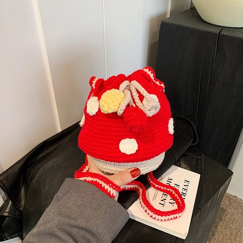 Kids Crochet Mushroom Shoulder Bag Handmade Knit Yarn Drawstring Bucket Crossbody Bag Cute Cartoon Purse For Toddlers
