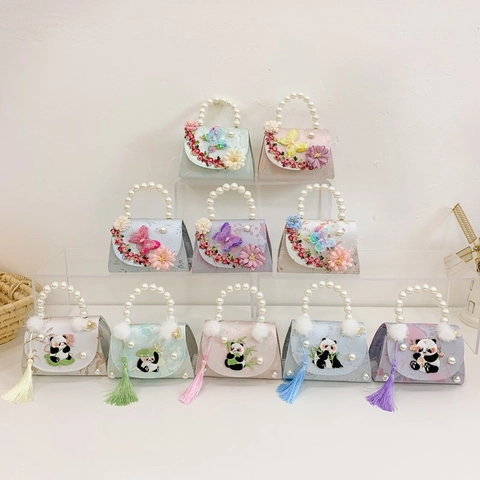 Girls Mini Shoulder Bag Artificial Pearl Handle Panda Embroidery Satin Fabric Butterfly Decor Chain Strap Cute Sweet Handbag