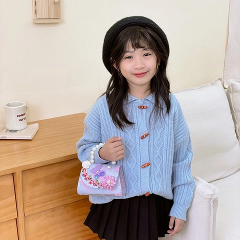 Girls Mini Shoulder Bag Artificial Pearl Handle Panda Embroidery Satin Fabric Butterfly Decor Chain Strap Cute Sweet Handbag