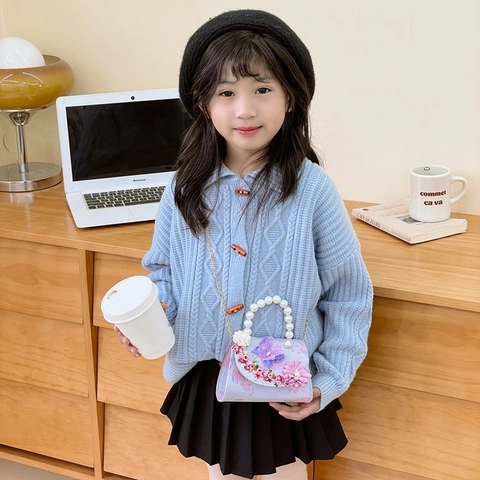 Cute Panda Embroidery Kids Crossbody Bag With Artificial Pearl Handle Butterfly Floral Tassel Handbag Princess Shoulder Bag For Girls