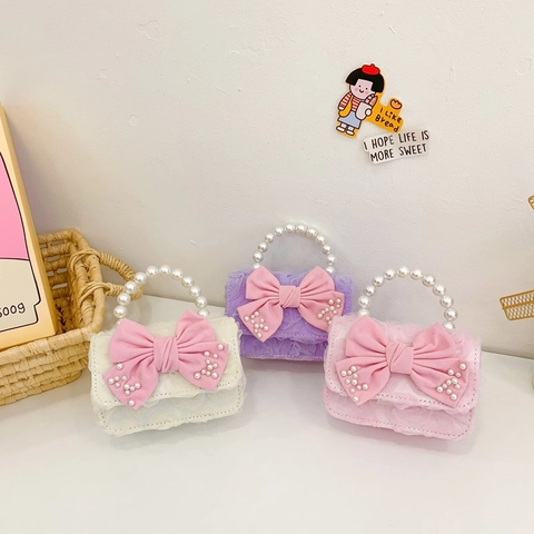 Kids Girls Princess Crossbody Bag Artificial Pearl Handle Mesh Lace Bow Sweet Lolita Fashion Shoulder Handbag