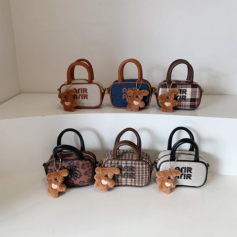 Mini Borsa A Tracolla Bambini Pelle PU Tela Borsa A Mano Con Ciondolo Orso Motivo Leopardo Quadri Borsa A Spalla Bimbi