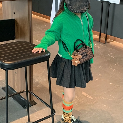 Mini Borsa A Tracolla Bambini Pelle PU Tela Borsa A Mano Con Ciondolo Orso Motivo Leopardo Quadri Borsa A Spalla Bimbi