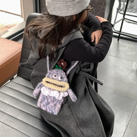 Kids Cartoon Monster Crochet Crossbody Bag Handmade Knitted Yarn Shoulder Pouch Funny Big Lips For Toddler Boys Girls