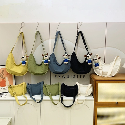 Kids Nylon Crescent Shoulder Bag Solid Color Adjustable Strap Korean Trendy Hobo Crossbody Bag With Dog Pendant
