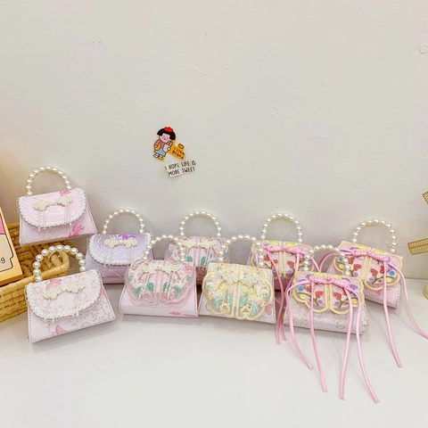 Mini Bolso De Hombro Para Niñas Asa De Perla Artificial Bordado Floral Bolso Cruzado Dulce Lazo Borla Satén Tela Cadena