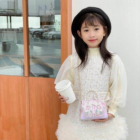 Mini Bolso De Hombro Para Niñas Asa De Perla Artificial Bordado Floral Bolso Cruzado Dulce Lazo Borla Satén Tela Cadena