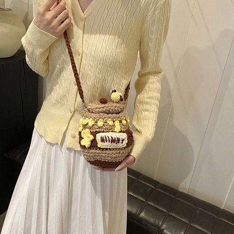 Borsa A Tracolla Uncinetto Fatta A Mano Barattolo Di Miele Maglia Mini Borsa A Secchiello Decorazione Ape Per Donne