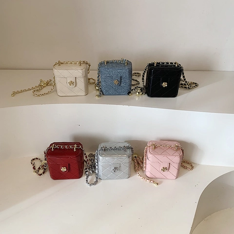 Kids Mini Box Crossbody Bag PU Leather Rhombus Quilted Flower Lock Chain Strap Chic Korean Style For Toddlers Girls