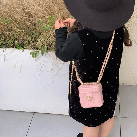 Kids Mini Box Crossbody Bag PU Leather Rhombus Quilted Flower Lock Chain Strap Chic Korean Style For Toddlers Girls