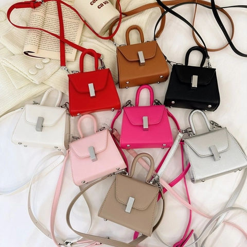 Mini Kids Crossbody Bag PU Leather Top Handle Shoulder Handbag With Detachable Strap For Toddler Girls Boys Solid Color