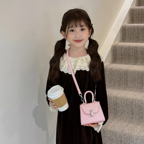 Mini Kids Crossbody Bag PU Leather Top Handle Shoulder Handbag With Detachable Strap For Toddler Girls Boys Solid Color