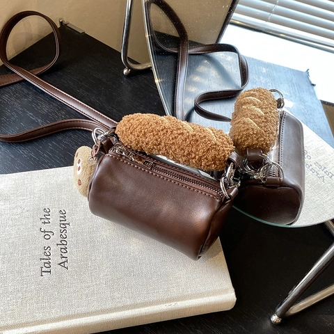 Mini Borsa Barile Pelle PU Peluche Manico Baguette Carino Pendente Biscotto Borsa Tracolla Per Donne Retro Trendy