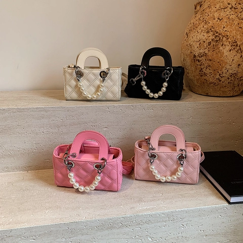 Bolso De Hombro Acolchado Para Niñas Cuero PU Mango De Perlas Artificiales Mini Bolso Cruzado Moda Elegante Estilo Coreano