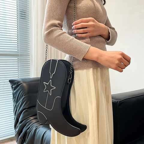 Cowboy Boot Shaped Crossbody Bag PU Leather Novelty Star Pattern Shoulder Bag With Metal Chain For Women