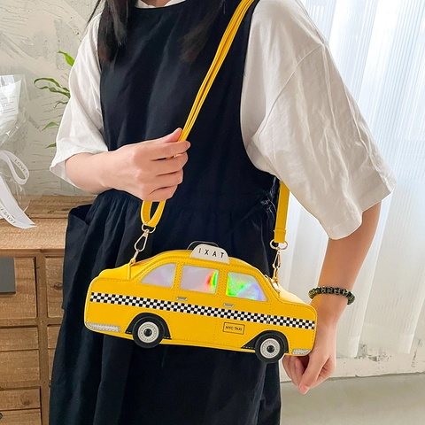Kreative Gelbe Taxi Auto Umhängetasche PU Leder Neuheit Süße Cartoon Schultertasche Für Damen