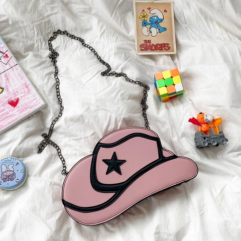 Cowboyhoed Vorm Schoudertas PU Leer Creatief Sterpatroon Crossbody Tas Met Metalen Ketting Nieuwigheid Y2K Stijl Vrouwen