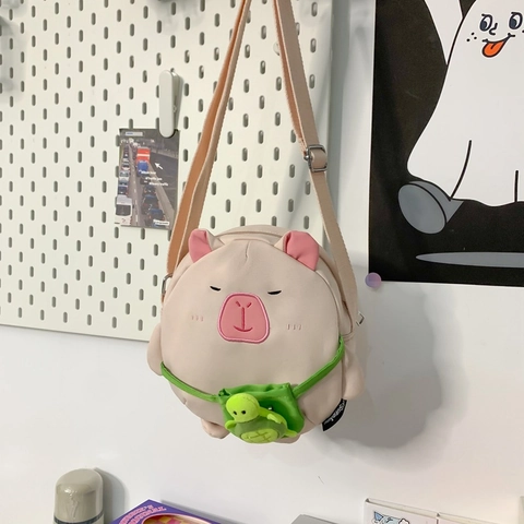 Sac À Bandoulière Dessin Animé Capybara Pour Femmes Filles Mignon Tortue Sac Rond Nylon Peluche Couleurs Contrastées Style Doux