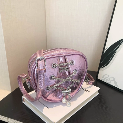 Mini Sac Bandoulière Cœur Cuir PU Métallique Chaîne Entrecroisée Décor Künstliche Perles Style Balletcore Femme