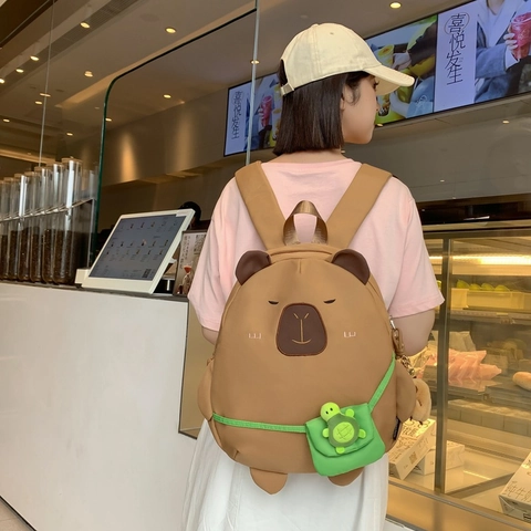 Süßer Wasserschwein Cartoon Tier Rucksack Für Mädchen Nylon Schüler Schultasche Mit Schildkröten Anhänger Japanischer Stil