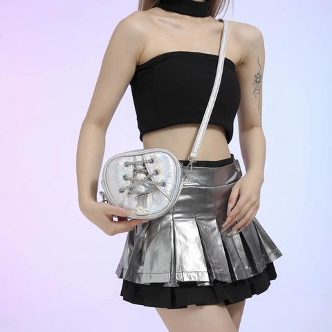 Mini Sac Bandoulière Cœur Cuir PU Métallique Chaîne Entrecroisée Décor Künstliche Perles Style Balletcore Femme