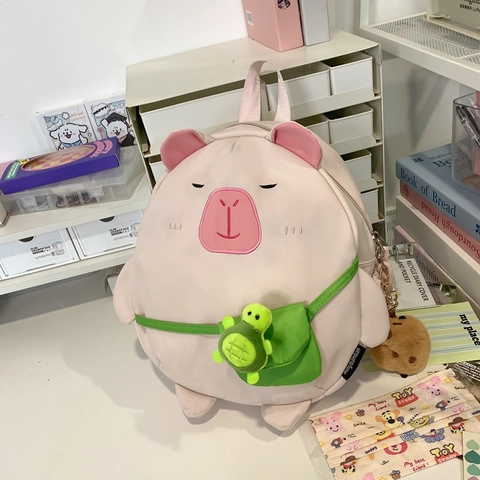 Simpatico Zaino Capibara Cartone Animato Nylon Grande Capacità Zainetto Scolastico Con Borsa Decorativa Tartaruga Kawaii