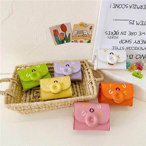 Mini Bolso Bandolera Niños Cuero PU Decoración Rosquilla Correa Cadena Metálica Color Caramelo Accesorio Lindo Para Niñas Pequeñas