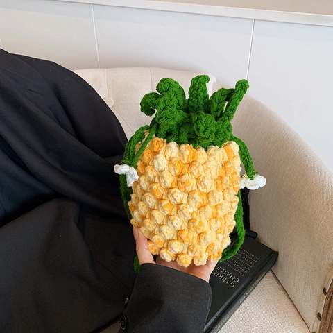 Kids Hand Crocheted Pineapple Crossbody Bag Cute Knit Fruit Shape Shoulder Pouch With Floral Decor For Boys Girls