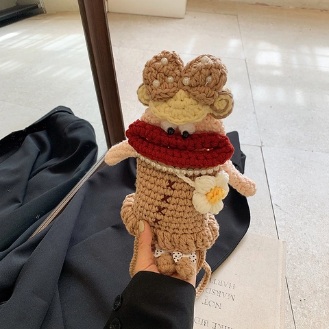 Hand Crocheted Kids Crossbody Bag Cute Cartoon Doll Sausage Mouth Yarn Shoulder Bag For Boys Girls Novelty