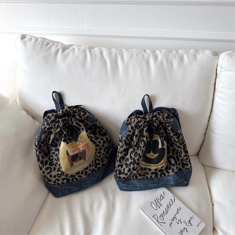 Kinder Kordelzug Rucksack Leopard Denim Patchwork Cartoon Katze Smiley Street Style Lässiger Tagesrucksack Für Jungen Mädchen