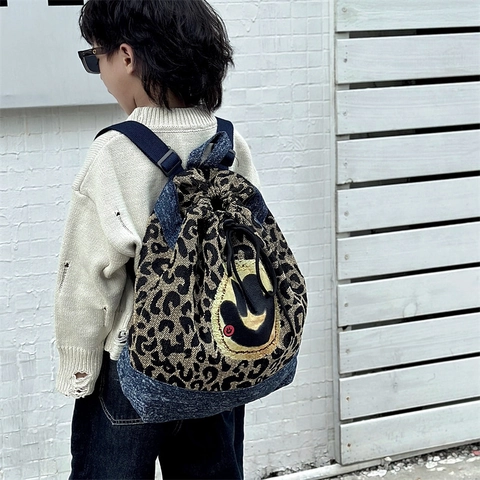 Kinder Kordelzug Rucksack Leopard Denim Patchwork Cartoon Katze Smiley Street Style Lässiger Tagesrucksack Für Jungen Mädchen