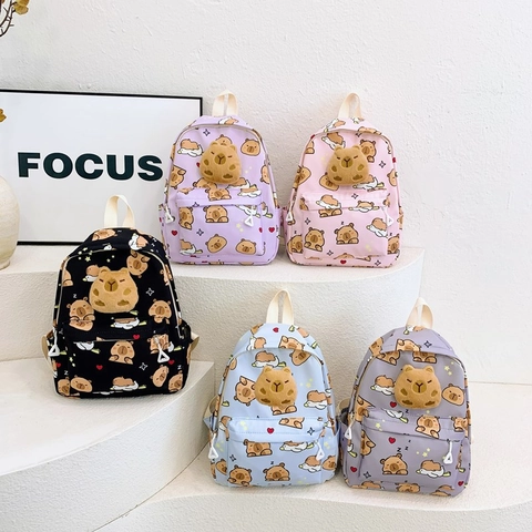 Zaino Per Bambini Nylon Con Bambola Capybara In Peluche Stampa Cartone Animato Per Bambini Piccoli Asilo Scuola