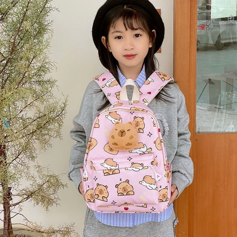 Zaino Per Bambini Nylon Con Bambola Capybara In Peluche Stampa Cartone Animato Per Bambini Piccoli Asilo Scuola