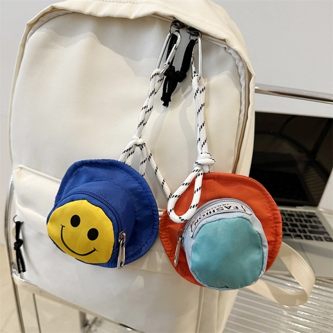 Mini Hat Shaped Coin Purse Nylon Zipper Pouch With Metal Carabiner For Kids Backpack Pendant Cute Smile Pattern