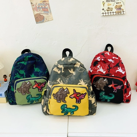 Zaino Per Bambini Nylon Cartone Animato Motivo Dinosauro Cartella Scolastica Con Toppe Ricamate Ragazzi Ragazze