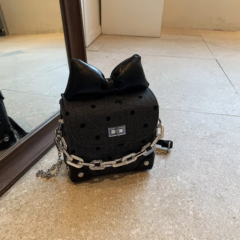 Polka Dot Schoudertas Voor Dames PU Leer Grote Strik Zilveren Ketting Kleine Vierkante Crossbodytas Retro Zoete Stijl