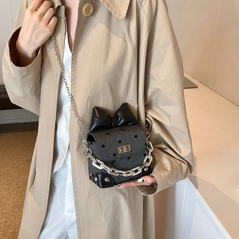 Polka Dot Schoudertas Voor Dames PU Leer Grote Strik Zilveren Ketting Kleine Vierkante Crossbodytas Retro Zoete Stijl