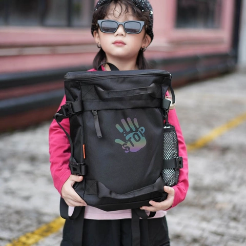 Zaino Bambini Tessuto Oxford Riflettente Impronta Mano Grafica Stop Grande Capacità Borsa Scuola Viaggio