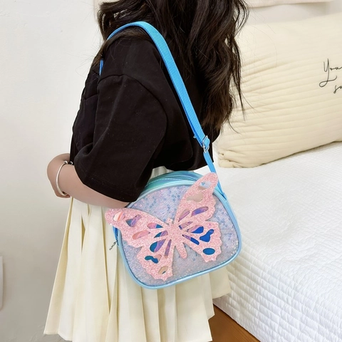 Kinder Schoudertas Pailletten Vlinder Decor PU Leer Verstelbare Riem Leuke Cartoon Crossbody Tas Voor Meisjes