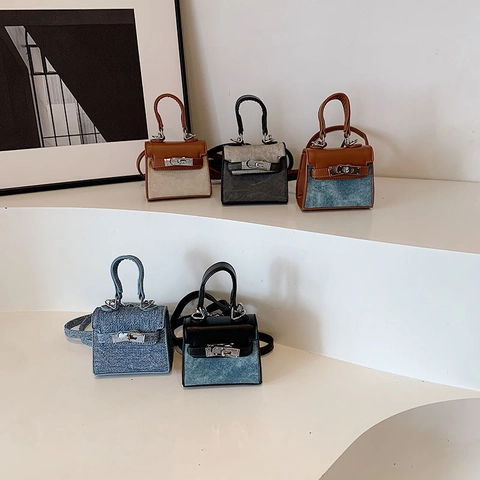Kids Mini Shoulder Bag PU Leather And Denim Patchwork Handbag Fashionable Contrast Color Crossbody Purse For Children