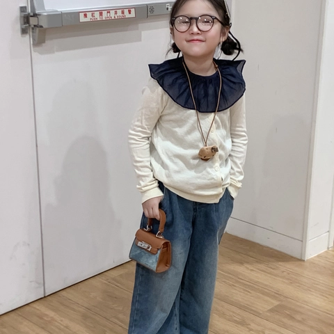 Kids Mini Shoulder Bag PU Leather And Denim Patchwork Handbag Fashionable Contrast Color Crossbody Purse For Children