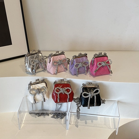 Meisjes Mini Crossbody Tas PU Leer Gewatteerd Strass Strik Kiss Lock Metalen Ketting Mode Schoudertas