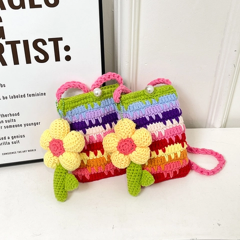 Crochet Rainbow Crossbody Bag Handmade Yarn Knit Mini Shoulder Purse With Flower Charm And Artificial Pearl Button Sweet Women Girls
