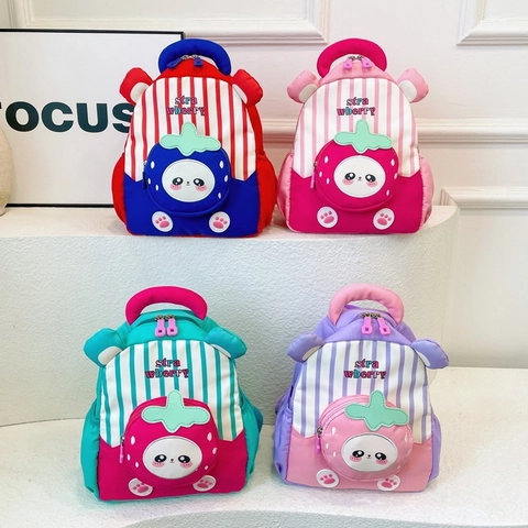 Mochila Infantil Nylon Dibujos Animados Fresa Bolsillo 3D Rayas Color Contraste Transpirable Mochila Escolar