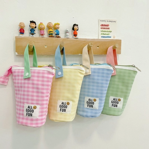 Mini Borsa A Tracolla Bambini Tela A Quadretti Pochette Con Manico Per Asilo Cancelleria Tazza Simpatico Stile Giapponese