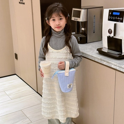Mini Borsa A Tracolla Bambini Tela A Quadretti Pochette Con Manico Per Asilo Cancelleria Tazza Simpatico Stile Giapponese