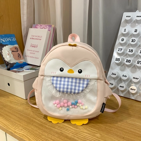 Sac À Dos Pingouin Dessin Animé Pour Enfants Sac D'école Mignon En Nylon Avec Fenêtre Transparente Pompons Et Pendentif